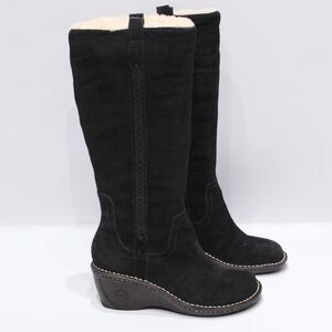 UGG 13" Hartley Black Suede Wedge Heel Side Zip Winter Snow Boots Women Size 7